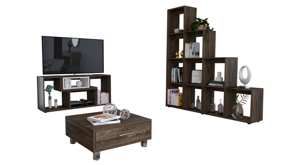 Rack Extensible + Biblioteca Escalera + Mesa de Centro Beijing Color Coñac y Blanco Para Sala De Estar